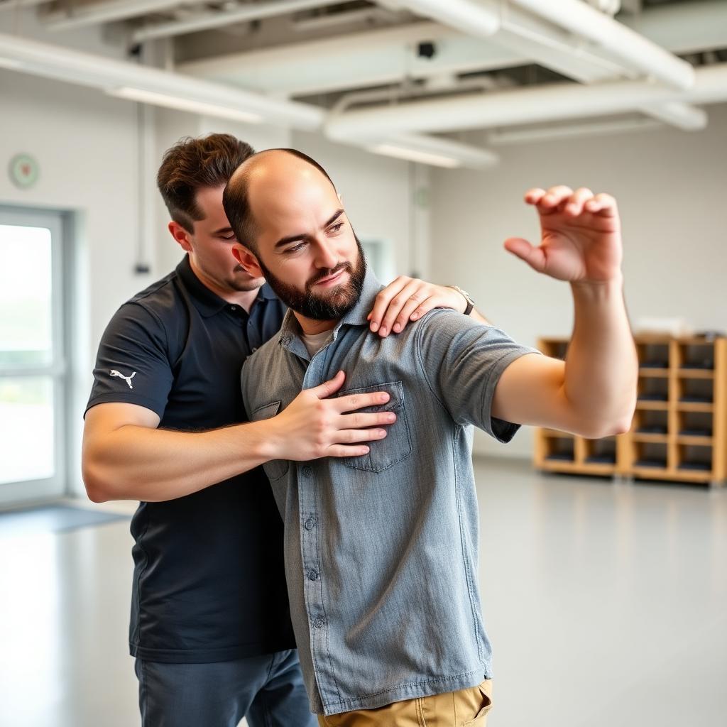 Therapist guiding a worker through shoulder rehabilitation